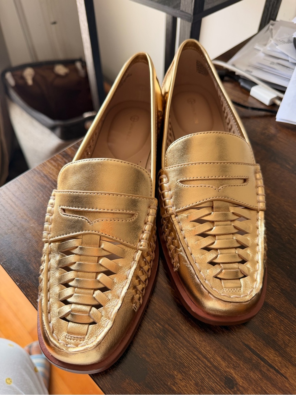 Metallic Gold Women’s Woven Leather Loafers